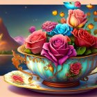 Colorful digital artwork: Teacup with roses and flowers on sunset background.