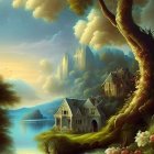 Tranquil fantasy scene: wooden cabin, lake, boats, mountains, cloaked figure