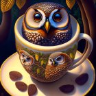 Intricate jewelry-like owl in teacup with leaves and seed