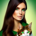 Illustrated portrait of woman with long brunette hair and green eyes holding cat