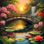 Tranquil painting of wooden bridge over pond with lotus flowers, koi fish, and waterfall