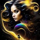 Dark-haired woman in surreal cosmic background with golden swirls