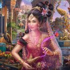 Elegant woman in pink traditional attire with gold jewelry in luxurious setting with colorful parrot