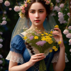 Woman in Floral Crown and Blue Dress Surrounded by Flowers