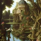 Fantasy landscape with ornate dome, lush cliffs, tranquil waters, flowers