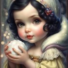 Digital Artwork: Young Girl in Vintage Yellow Dress Holding White Kitten