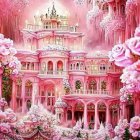 Pink castle with ornate details amidst vibrant pink trees under a soft sky