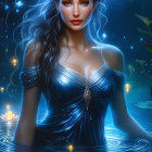 Dark-haired woman in celestial blue dress with jewels, surrounded by water and stars.