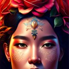 Vivid digital illustration of woman with red flowers and gold forehead piece