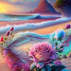 Vibrant sunset beachscape with oversized flowers and teal outlined blossoms.