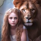 Young girl with curly hair and lion in serene forest with butterfly.