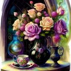 Pink and Purple Floral Bouquet with Teacup Set and Candle by Window