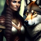 Digital artwork: Woman with braided hair and ornate jewelry next to a fox with piercing eyes