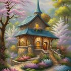 Wooden Cottage with Blue Roof Surrounded by Flower Gardens and Pink Blossoms