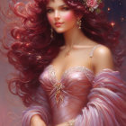 Woman with Voluminous Curly Red Hair in Pink Gown and Floral Wreath