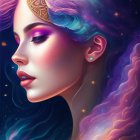 Cosmic-themed digital artwork of a woman with vibrant galaxy hair and starry earring