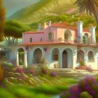 White Villa with Terracotta Roofs, Lush Greenery, Flowers, Palm Trees, and