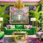 Green Walls, Gold Chandelier, Pink Pillows: Vibrant Living Room Decor