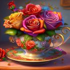 Multicolored rose bouquet in golden teacup with fruits, black cat nearby