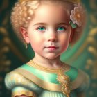 Child in fancy green dress and gold crown smiles against green background