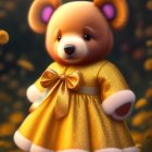 Cute bear character in yellow dress with honey bowl among golden flowers