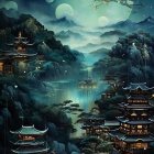 Traditional Asian village at night with pagodas, river, mist, moons, and falling stars