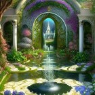 Tranquil garden path with archways, fountain, greenery, and purple flowers