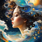 Fantastical portrait of a woman with butterflies and flowers in cosmic setting