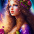 Digital art portrait: Woman with purple wavy hair and floral adornments on starry backdrop