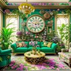 Luxurious Room with Green Velvet Sofas, Golden Chandelier, Painting, Rug, and Houseplants