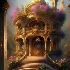 Golden fantasy building with clock in lush plant setting against cliffs