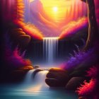 Colorful Fantasy Landscape with Purple Foliage, Orange Skies, Waterfall, and Blue Waters