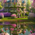 Victorian house with lush gardens and serene pond reflection