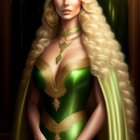 Blonde woman in elegant green gown with gold details