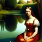 Woman in Red Dress by Calm Pond with Paper Boat and Greenery