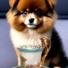 Fluffy Tricolor Puppy with Black Mask and Teacup Scene