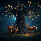 Moonlit night scene with ancient tree, glowing lanterns, and deer family