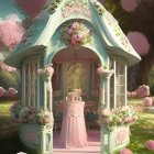 Woman in pink dress and floral crown at garden gazebo with lush pink blossoms.