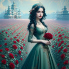 Woman in green dress surrounded by red roses and fantasy palace