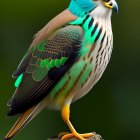 Colorful fantastical bird with blue head and vibrant green and orange wing feathers perched on mossy