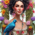 Illustrated woman with floral hair, bluebird, jewelry, and pink dress