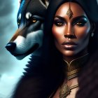 Digital Artwork: Woman and Husky with Matching Golden Accessories