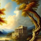 Tranquil landscape with classical building, lake, mountains, and twisted tree