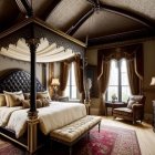 Vintage bedroom with four-poster bed, ornate furniture, tapestries, warm lighting, and