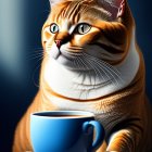 Plump striped cat beside blue mug in dramatic sunlight portrait