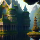 Majestic multi-tiered elven castle in fantasy forest landscape