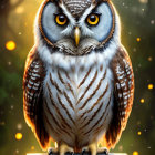 Detailed illustration of a stoic owl with yellow eyes on warm bokeh background