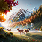 Majestic deer in vibrant valley with snowy peaks and colorful leaves