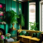 Elegant Green and Gold Room with Velvet Sofa and Tropical Plants