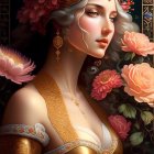 Illustrated woman with floral headpiece and golden jewelry in fantasy setting